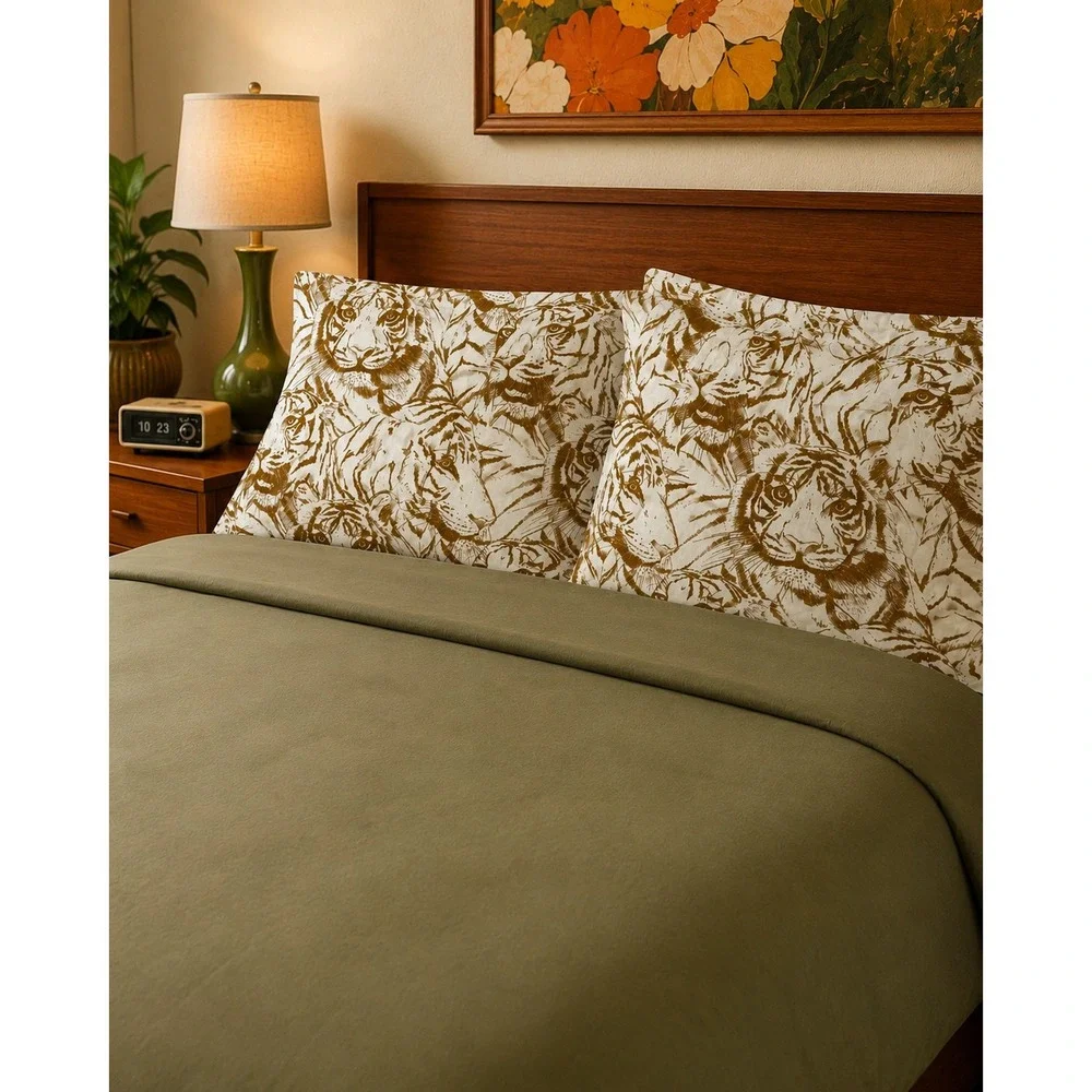Vintage Tiger Print Pillowcases Pair Brown Safari Jungle Animal Standard Cotton